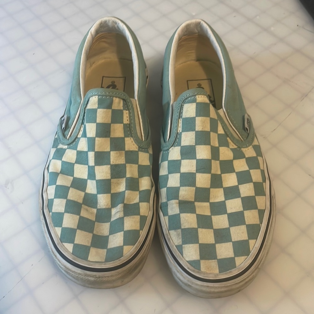 Checkered Aqua and White Vans Slip-ons